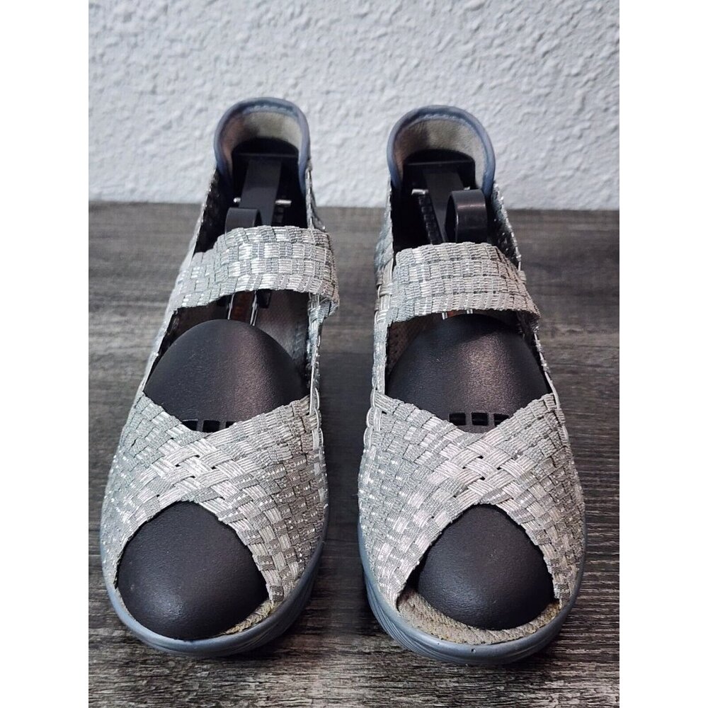 Bernie Mev Halle Women's 38 M Silver Woven Stretch Open Toe Wedge Sandals